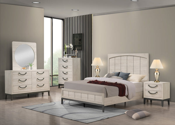 English Elm Contemporary Queen Panel Bed with LED Lighted Headboard, Distressed Textured Wood Finish, Stylish Durable Craftsmanship Beige+White 66 L x 6 W x 40 H B011S01545