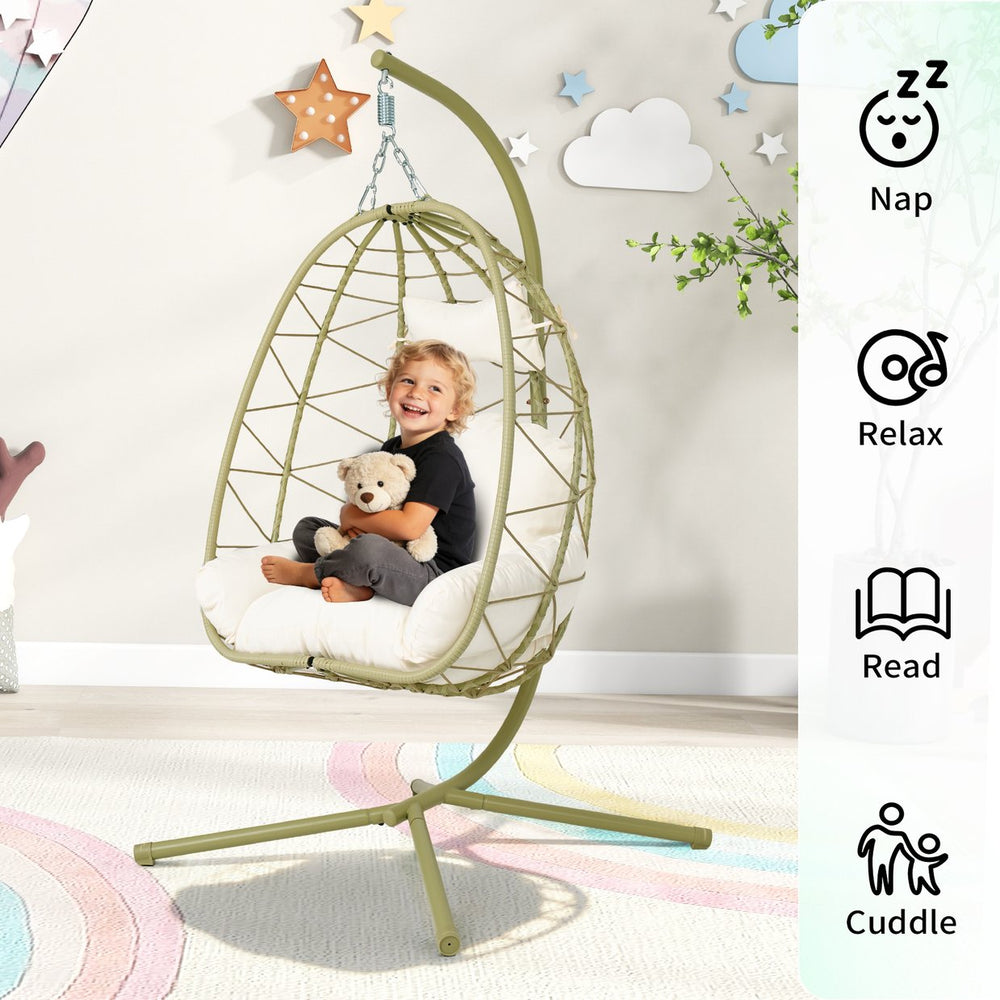 English Elm Hanging Egg Chair Wicker Swing with Stand Washable Cushion Patio Balcony Garden T5880P497573