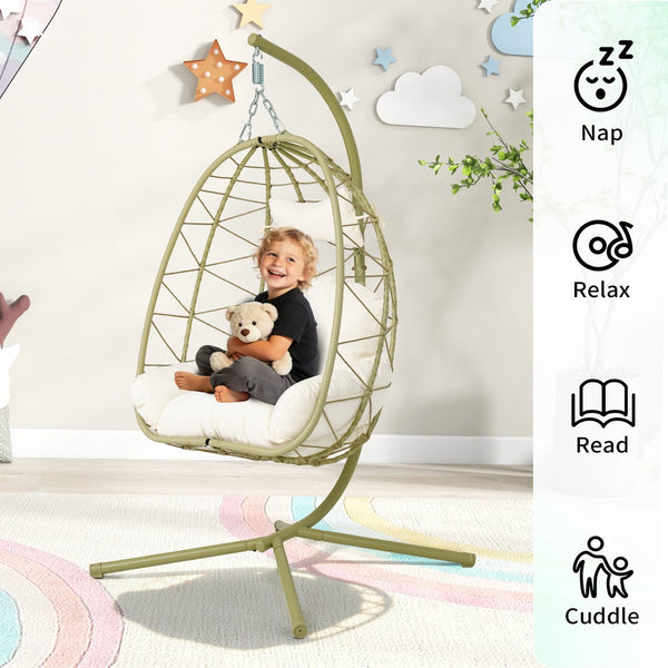English Elm Hanging Egg Chair Wicker Swing with Stand Washable Cushion Patio Balcony Garden T5880P497573