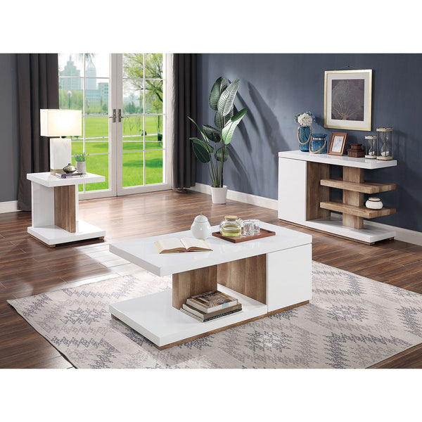 English Elm Modern Sculpted Sofa Table with Two-Tone Finish, Open Shelves for Display and Minimalist Storage Elegance Natural,White 53 L x 23 W x 11 H B2741P357608