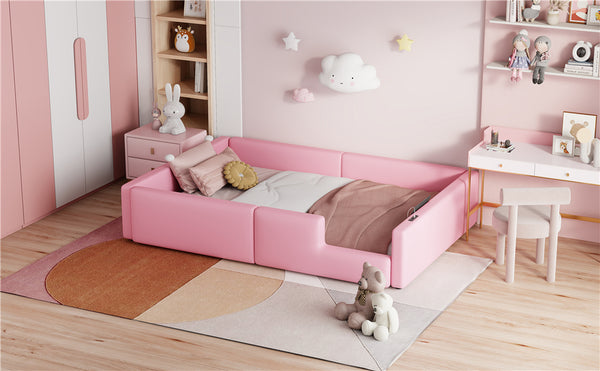 English Elm Twin Upholstered Platform Bed with Guardrail and Built-In Charging Station, Modern Sleek Design for Small Spaces Pink N709P186347H