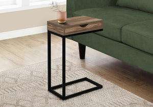 English Elm Accent C-Shaped End Table with Slide-Under Base, Reclaimed Brown Laminate Top & Drawer Storage, Black Metal Frame for Sofa Side Convenience and Modern Living Room Use B2710P219357