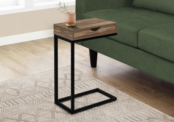 English Elm Accent C-Shaped End Table with Slide-Under Base, Reclaimed Brown Laminate Top & Drawer Storage, Black Metal Frame for Sofa Side Convenience and Modern Living Room Use B2710P219357