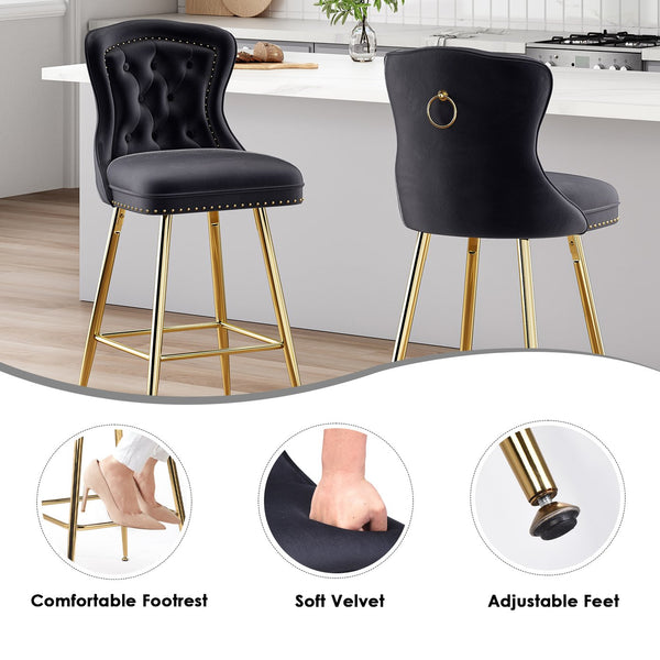 English Elm Bar Stools Set Of 2, Luxurious Velvet Wing-Back Chairs With Metal Legs For Kitchen & Dining Spaces T3623P363065