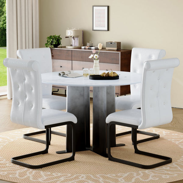 English Elm Modern Faux Marble Round Dining Set Tufted Pvc Chairs Metal Base Seats Four W3875S00068
