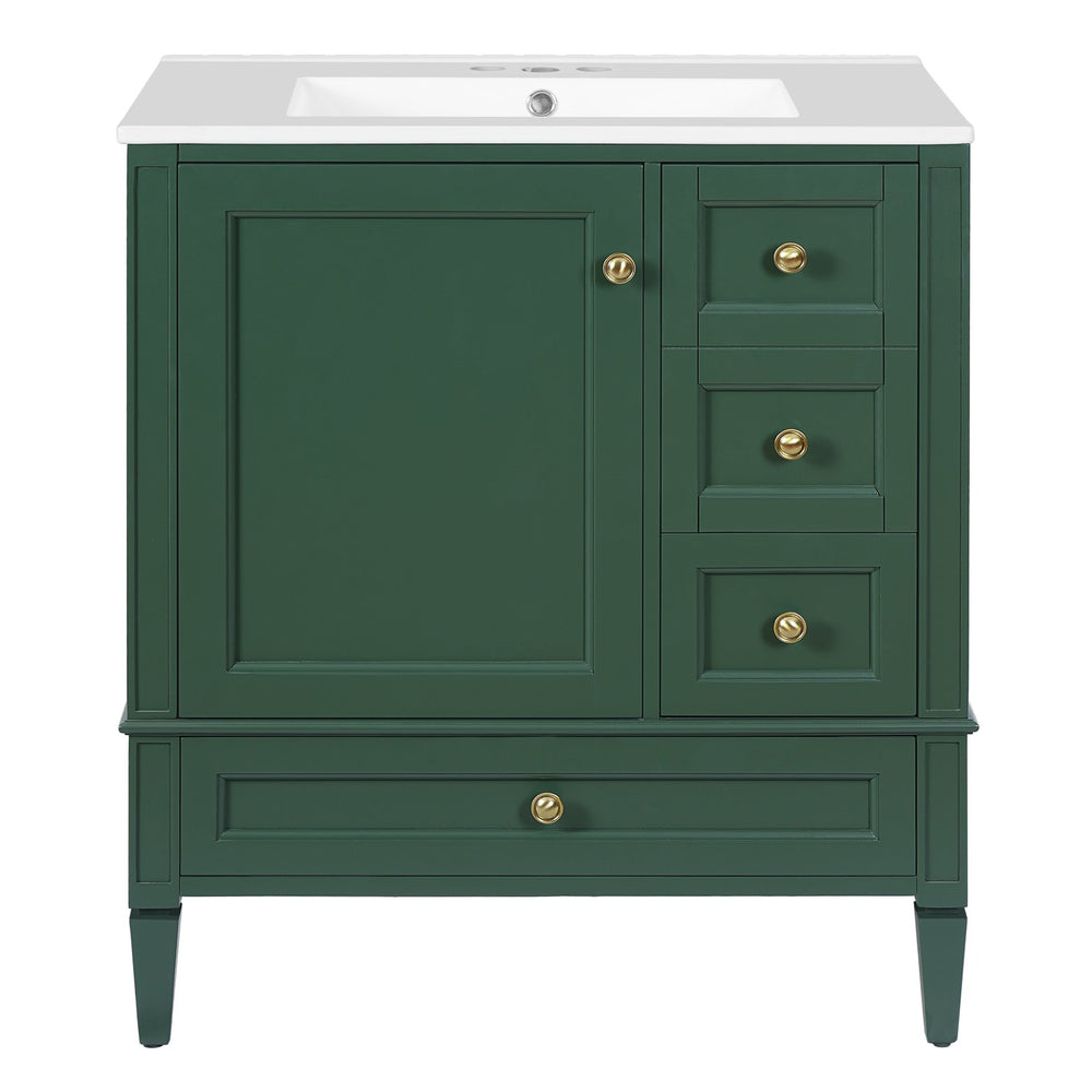 English Elm 30 30 Inch Bathroom Vanity with Ceramic Sink, Modern Compact 3-Drawer Storage Cabinet for Small Baths Green N710P247499F