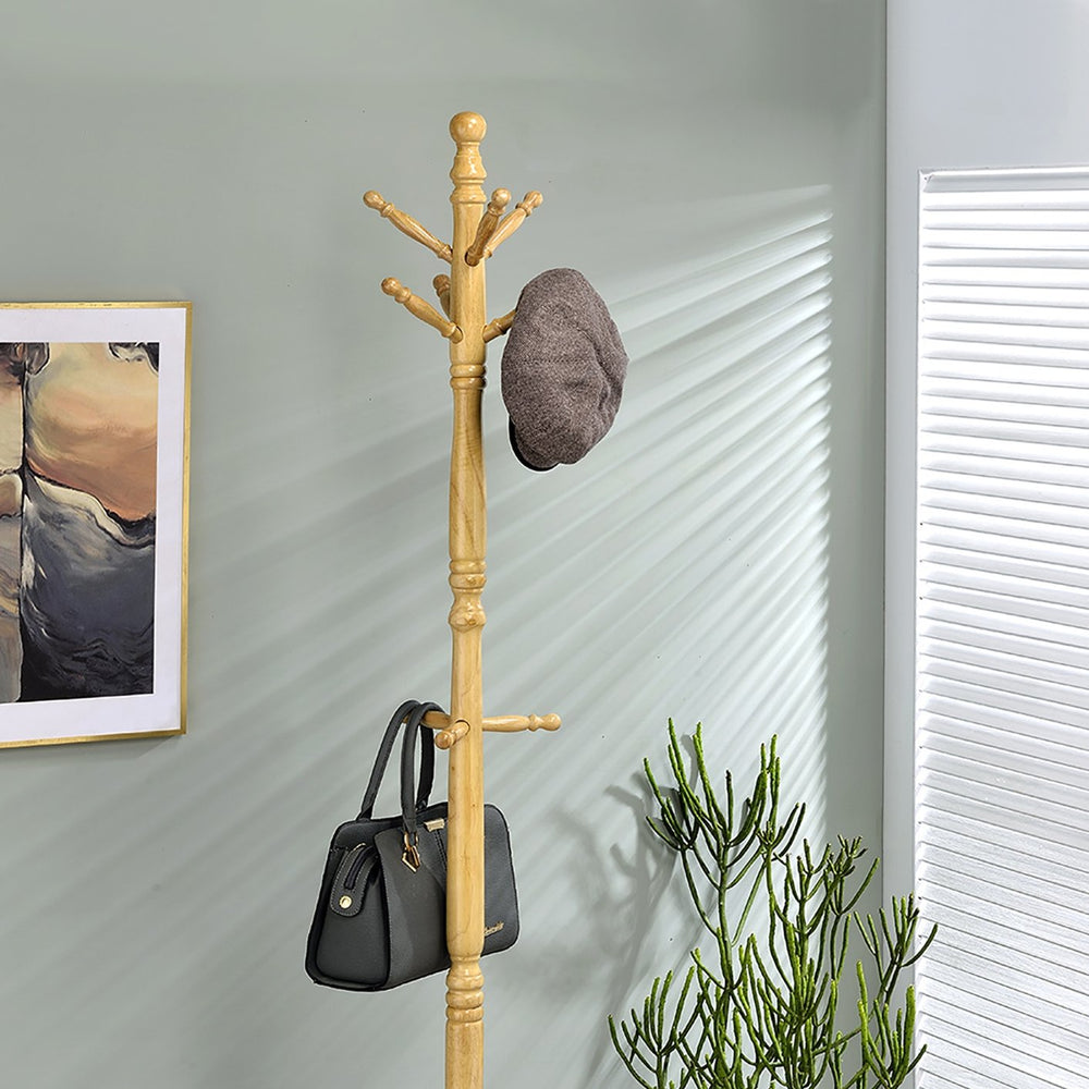 English Elm 71.5" Tall Wooden Standing Coat Rack Swivel with 9 Pegs Durable Laminate Finish for Entryway Storage Natural B072P222470
