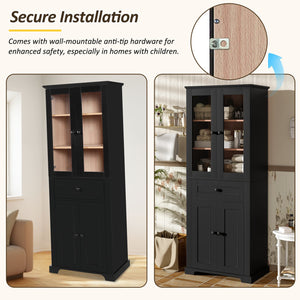 English Elm 67.57" Tall Matte Cabinet Vanity Combo with Glass Doors Soft-close Drawers Sink Black N729P000033B