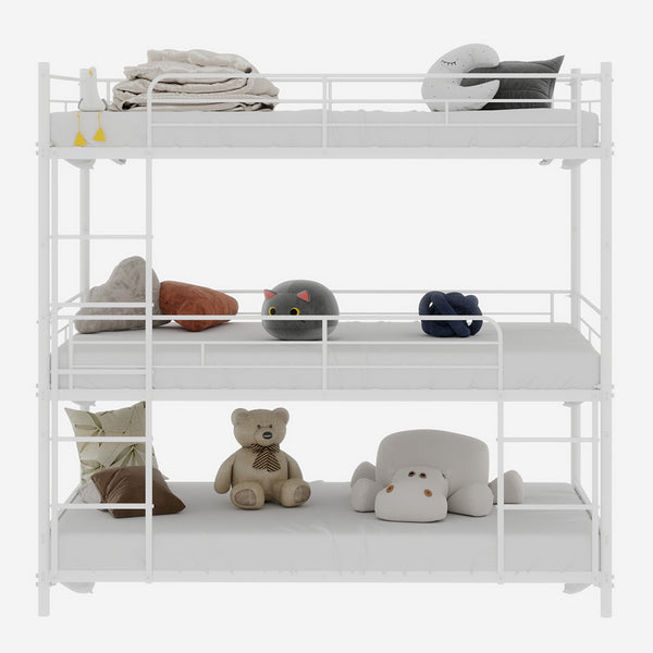 English Elm Heavy-duty triple bunk bed frame with built-in ladder, full guardrails, metal slats, space-saving design White W1935P330701