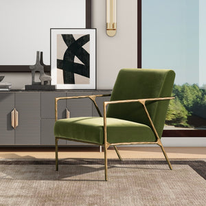 English Elm Jennifer Taylor Home - Aerin Hammered Brass Upholstered Accent Arm Chair with Performance Velvet, Sturdy Iron Frame, 34"L Olive Green B2719P238266