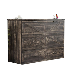 English Elm Queen Murphy Cabinet Bed Rustic Grey Farmhouse Style with Charging Station Storage W5271S00001