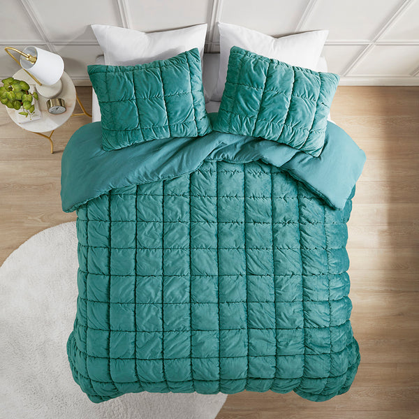 JLA Home Intelligent Design - 2 Plush Velvet Comforter Set with Hypoallergenic Down-Alternative, Box Quilting, Year-Round Cozy Luxury Teal ID10-2342