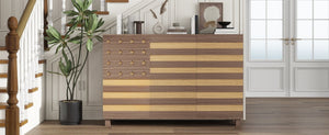English Elm 55"Buffet Hand-Carved Sideboard Cabinet with 2 Drawers 3 Doors Adjustable Shelves Coffee Bar Console W2977P294070