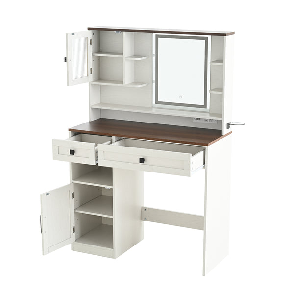 English Elm Farmhouse Makeup Vanity Desk with Lighted Mirror, Built-In Charging Station, Ample Storage and Stool White N844P291652M