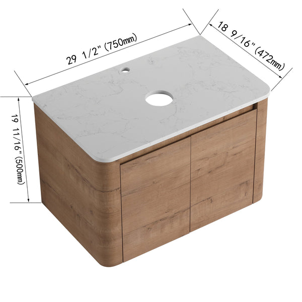 English Elm 30'' Wall-Mounted Bathroom Vanity with Soft-Close Doors, Rounded Edges, Plywood Durability, Space-Saving Imitative Oak W999P348977