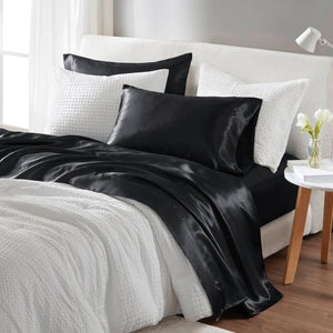 English Elm 7 Luxury Split King 7-Piece Black Satin Sheet Set – 100% Polyester, Deep Pockets, Silky Smooth Feel B035P319698