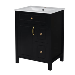 English Elm 24-Inch Bathroom Vanity with Ceramic Sink, Soft-Close Door & Drawers, Gold Handles, Durable Wood Elegance Black N729P192078B