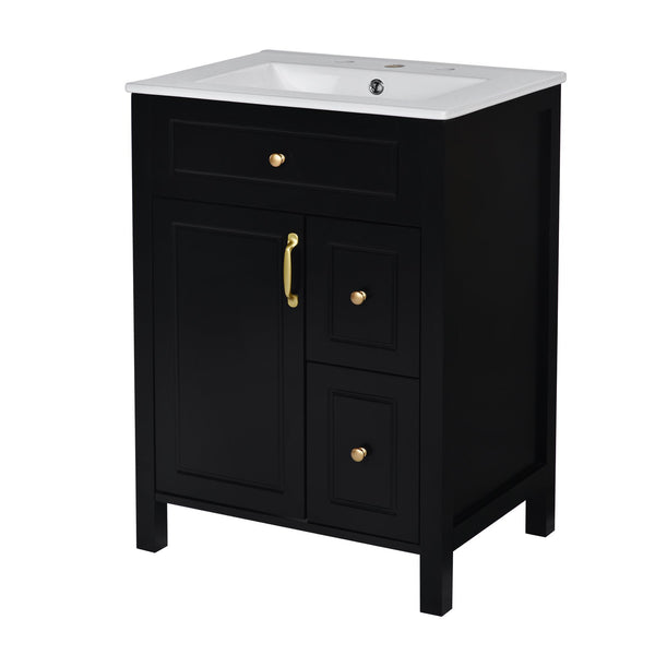 English Elm 24-Inch Bathroom Vanity with Ceramic Sink, Soft-Close Door & Drawers, Gold Handles, Durable Wood Elegance Black N729P192078B