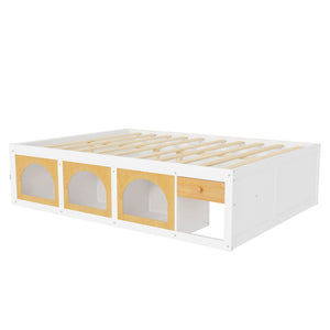 English Elm Queen Storage Platform Bed with Led Lighting Bookshelf Display Cabinet and Pull-out Drawer White+Natural N820S00078K