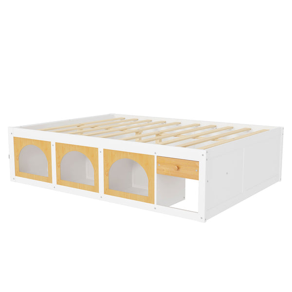 English Elm Queen Storage Platform Bed with Led Lighting Bookshelf Display Cabinet and Pull-out Drawer White+Natural N820S00078K