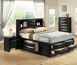 English Elm Black Queen Storage Platform Bed with Bookcase Headboard, Deep Rail & Footboard Drawers, Solid Wood B2741S00621