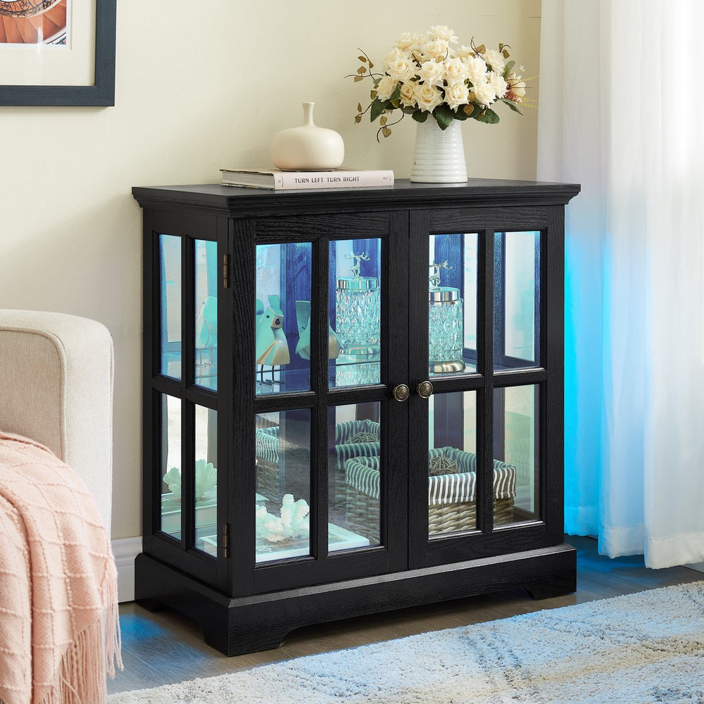 English Elm Led Curio Display Cabinet - Vintage Black Showcase With Adjustable Glass Shelves & 7-Color Lighting W2275P300146