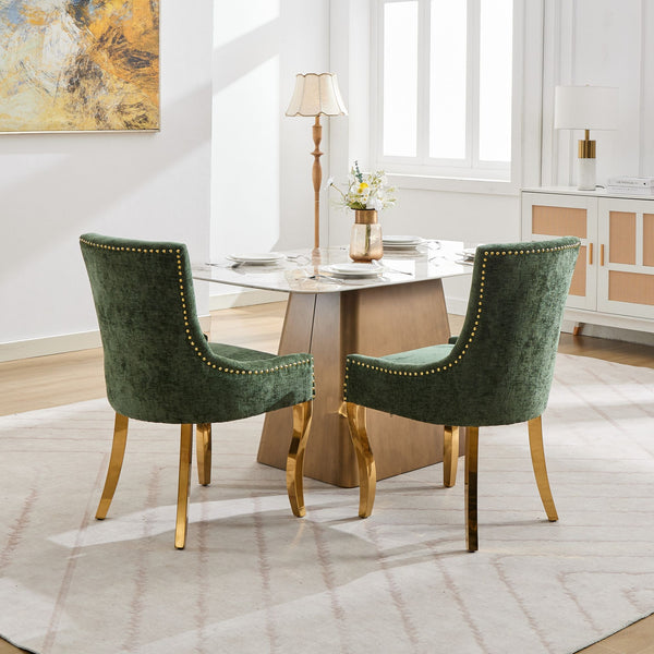 English Elm Chenille Modern Dining Chair with Curved Gold-Plated Legs, Rivet Trim, Textured Upholstery Comfort Olive Green W1143P332688