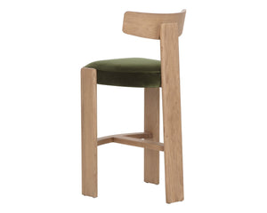 Sunpan HORTON Barstool - Rustic Oak Frame with Forest Green Upholstery for Modern Dining & Bar Spaces 112396