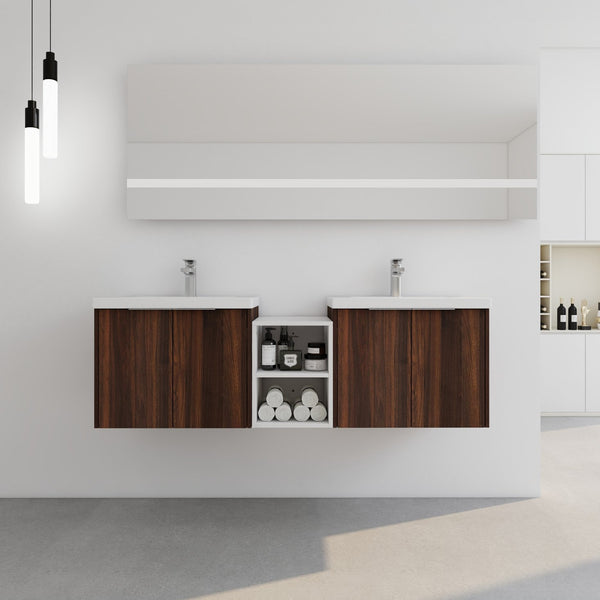 English Elm 60 Inch Wall Mounted Vanity with Dual Resin Sinks, Soft Close Doors, Metal Handles & Shelves Durable Finish California Walnut W999S00187
