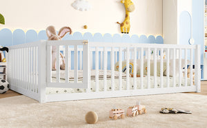English Elm Queen Kids Floor Bed Pine Wood Frame with Safety Rails Door and Low Profile Design Light White W1580P417672