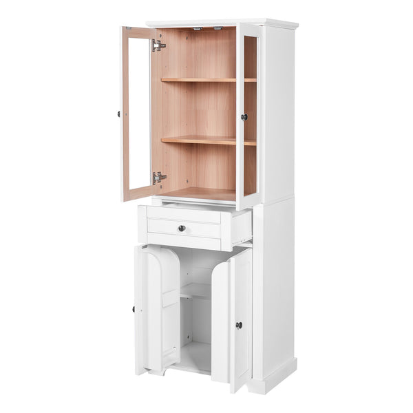 English Elm 67.2" Tall Bathroom Storage Cabinet with Tempered Glass Doors, Adjustable Shelves, Soft-Close Hinges and Anti-Tip Safety White N729P310006K