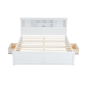English Elm King Platform Bed with Multi-Storage Headboard, Built-In USB & Outlets, Side Drawers, Modern Design White GX000400AAK