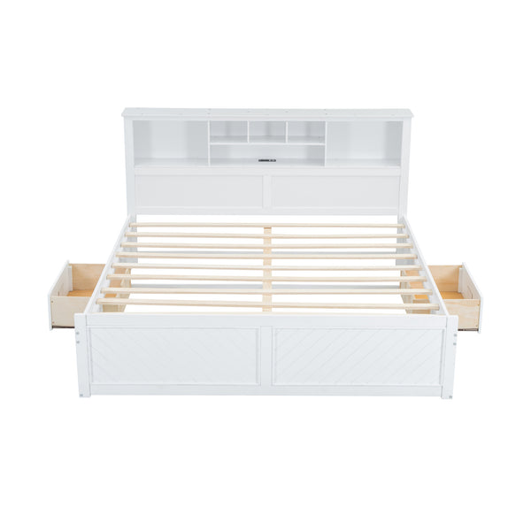 English Elm King Platform Bed with Multi-Storage Headboard, Built-In USB & Outlets, Side Drawers, Modern Design White GX000400AAK
