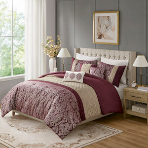 JLA Home Madison Park - 6 Piece Jacquard Comforter Set with Embroidered Mink Accents, Hypoallergenic, Damask Elegance Plum MP10-8409