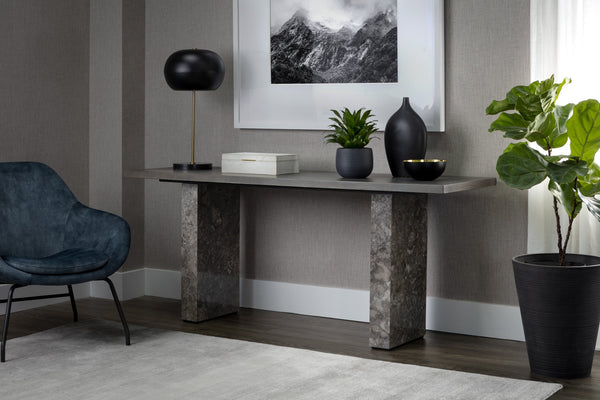 Sunpan Rebel Console Table - Modern Minimalist Design with Grey Marble Base and Charcoal Oak Wood Finish