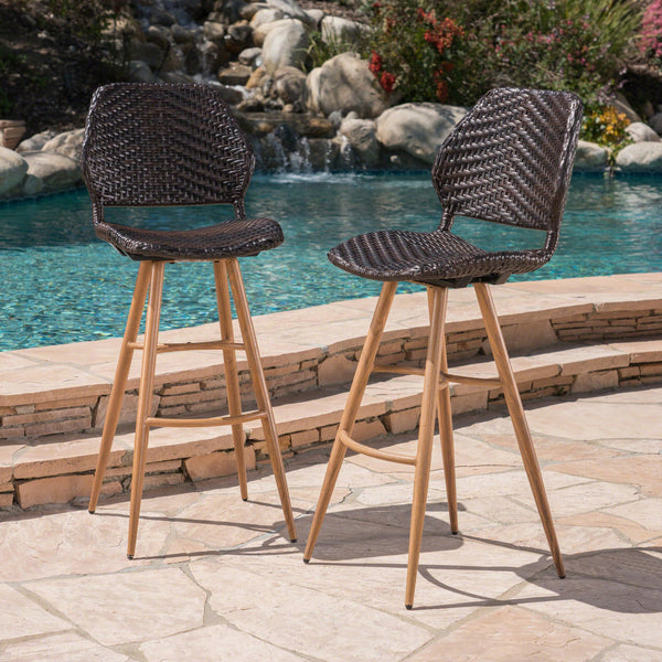 English Elm Christopher Knight Home® - LARYN Outdoor Wicker Barstools - Set of 2 Multibrown Seats with Wood-Finish Metal Legs, Durable Patio Seating 62619.00MBRN