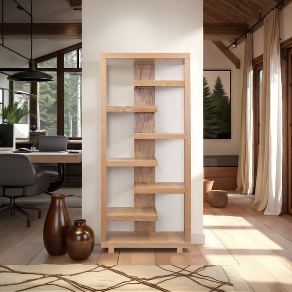 English Elm Laurel Canyon 80" Bookcase — Oak solids & veneers, six alternating shelves, rustic-modern display piece ready Natural B108P292285