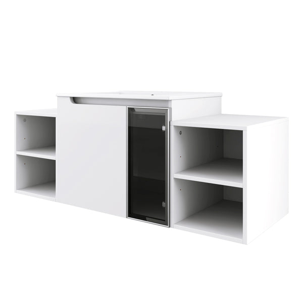 English Elm 48" Floating Bathroom Vanity with Ceramic Sink Soft Close Doors and Grey Glass Panel W999S00529
