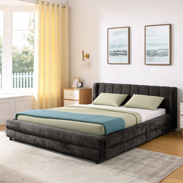English Elm Queen Chenille Upholstered Storage Bed Wingback Headboard Platform Frame Bedroom Dark Gray W487S00418