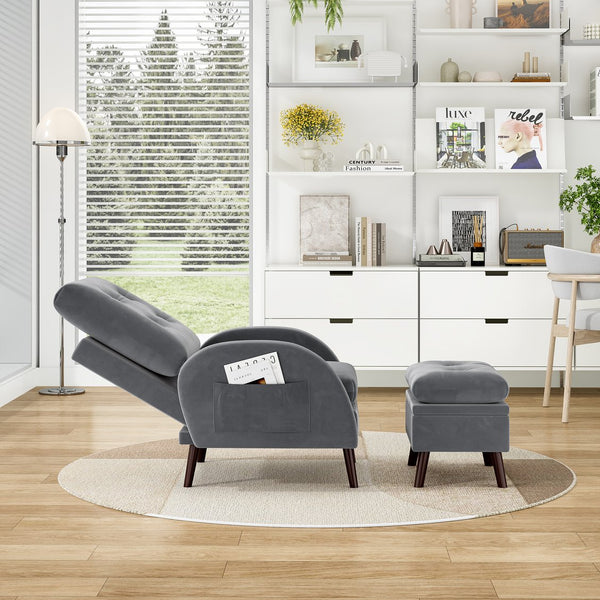 English Elm Upholstered Velvet Accent Chair and Ottoman with Storage, Tufted Design, 6-Level Adjustable Backrest Dark Gray T3623P411376