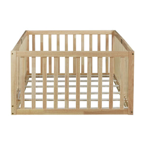 English Elm Twin Montessori Floor Bed Solid Rubber Wood with Safety Fence Rails Toddler Room W504P411198