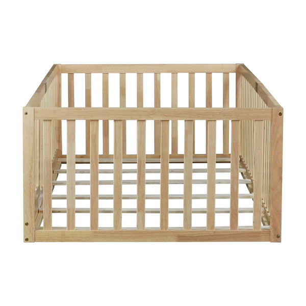 English Elm Twin Montessori Floor Bed Solid Rubber Wood with Safety Fence Rails Toddler Room W504P411198