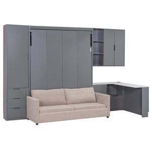 English Elm Queen Murphy Wall Bed Hydraulic Lift Velvet Sofa Built-in Shelves Led Studio Unit Dark Gray LP000392AAE