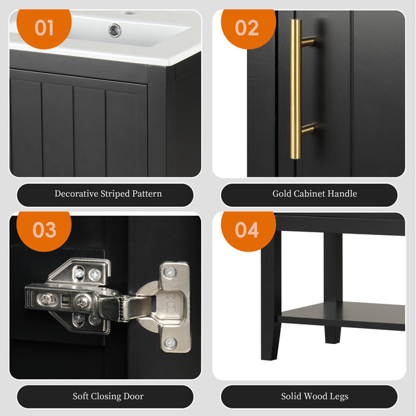 English Elm 20" Matte Freestanding Bathroom Vanity Rubberwood Cabinet Ceramic Sink Open Shelf Black N725P391115B