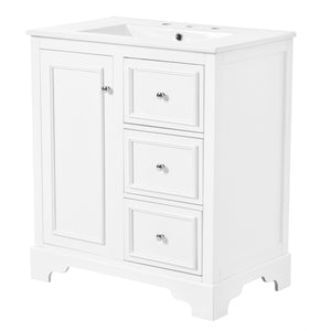 English Elm 30-inch bathroom vanity mirror cabinet set with ceramic sink, solid wood build, 3 drawers & shelves White SV000028AAK