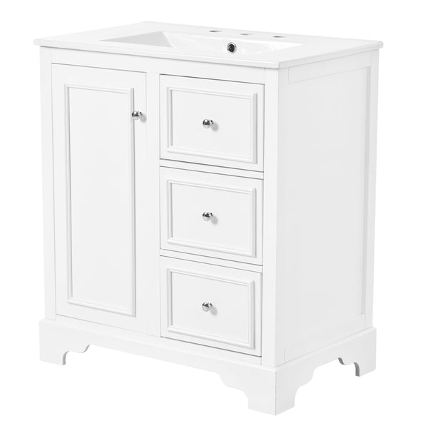 English Elm 30-inch bathroom vanity mirror cabinet set with ceramic sink, solid wood build, 3 drawers & shelves White SV000028AAK