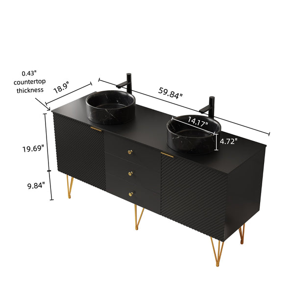 English Elm Gema 60" Freestanding Bathroom Vanity With Black Ceramic Basins, Gold Legs, Storage & Style W2615S00290