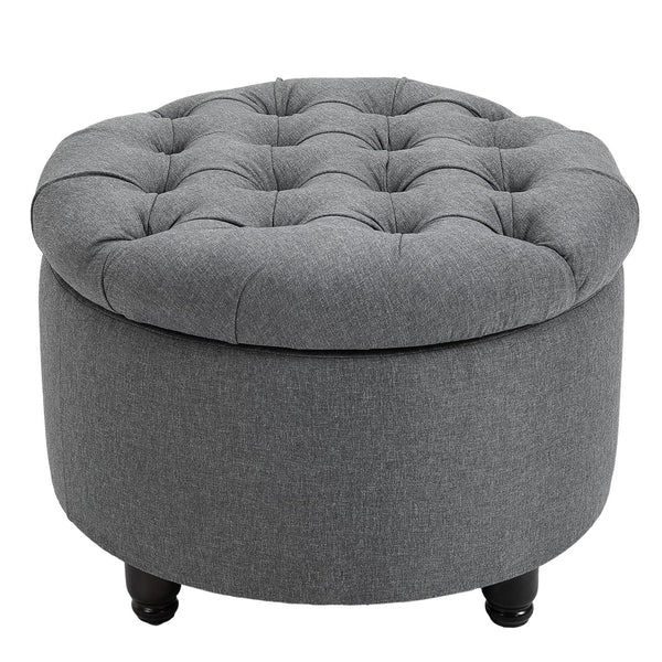 English Elm HOMCOM Round Linen-Touch Storage Ottoman with Button Tufting, Removable Lid, Wooden Legs, Grey W2225P217747