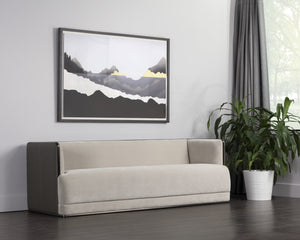 Sunpan SIERRA Sofa - Contemporary Meg Taupe & Textured Porcini Faux Leather with Bronze Frame Elegance 108050