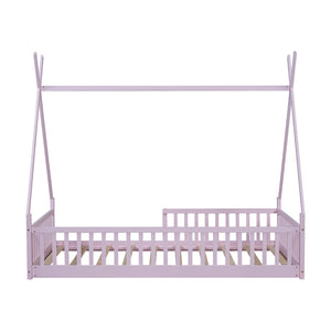 English Elm Twin House Bed with Roof and Fence for Kids – Sturdy Pine Frame, Vintage Wash Design, Safe Sleep Space Pink N709P183348H
